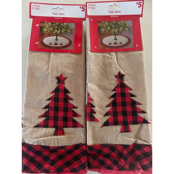 2 Pack Christmas Tree Skirt Buffalo Plaid Checker Red Black Burlap Style 38 In - Picture 1 of 2
